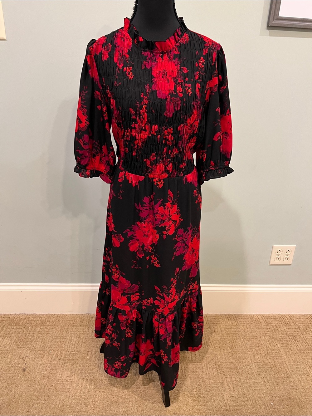 Maggy London Black Maxi Dress with Red Floral Print